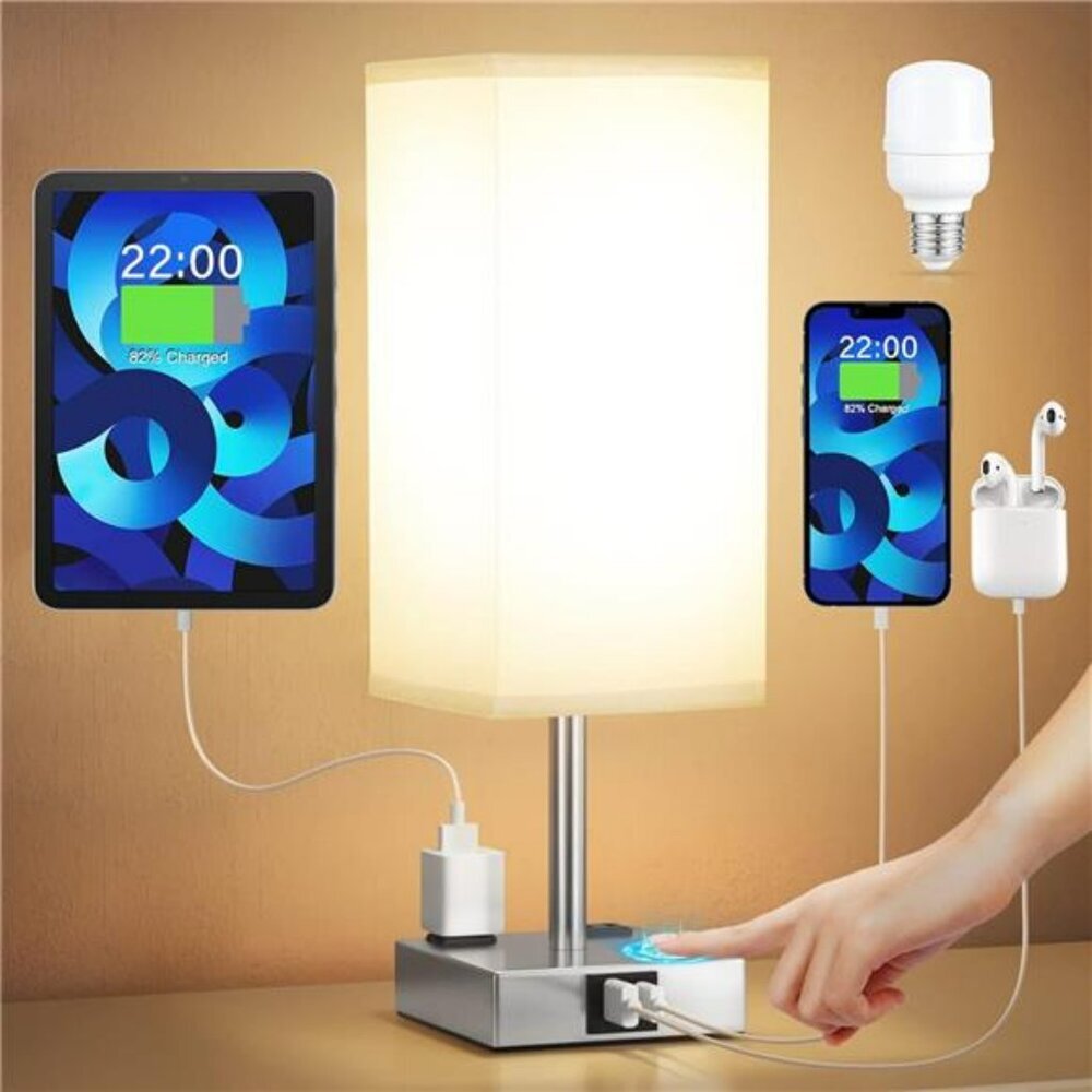 Touch control bedside lamp with USB C charging ports AC outlets dimmable light